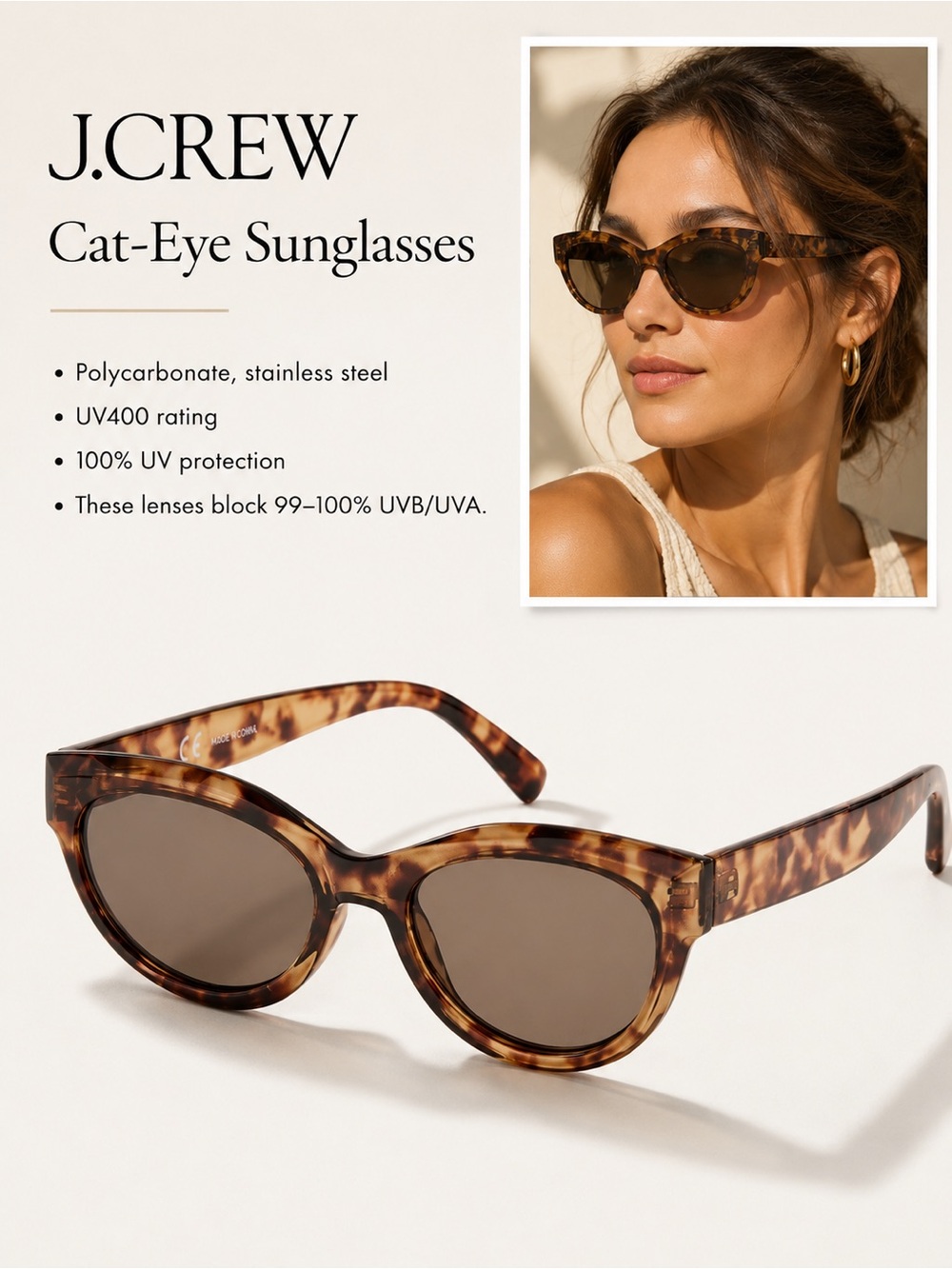 NWT J. Crew Tortoise Cat-Eye Sunglasses - Brown Lenses